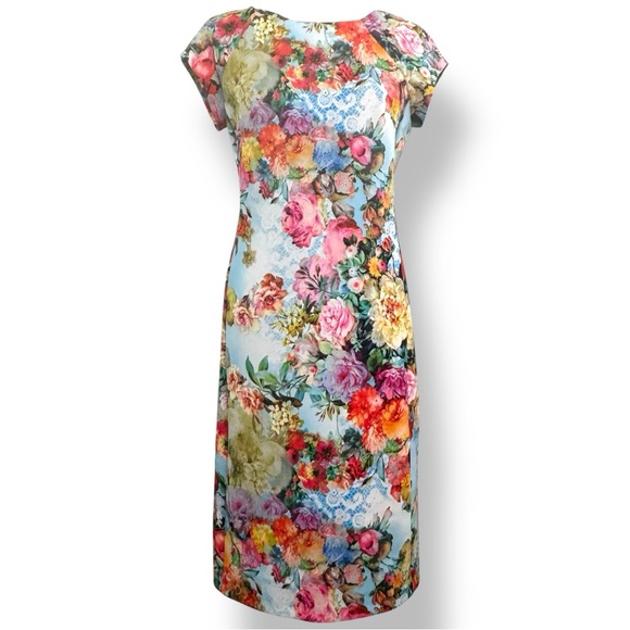 Beige by eci Floral Fitted Dress Women's Size 8 Stretchy Office Workwear Spring - Picture 2 of 13